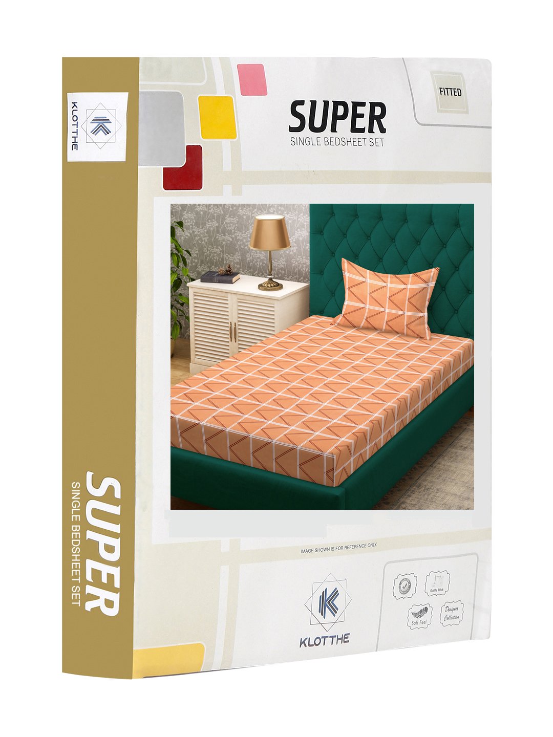 Orange Geometric 300 TC Cotton Blend Fitted Single Bedsheet in Book Fold Packing