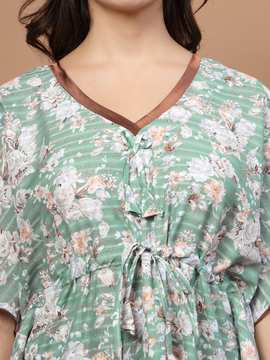 Green Floral Cotton Blend Kaftan Maxi Nightdress