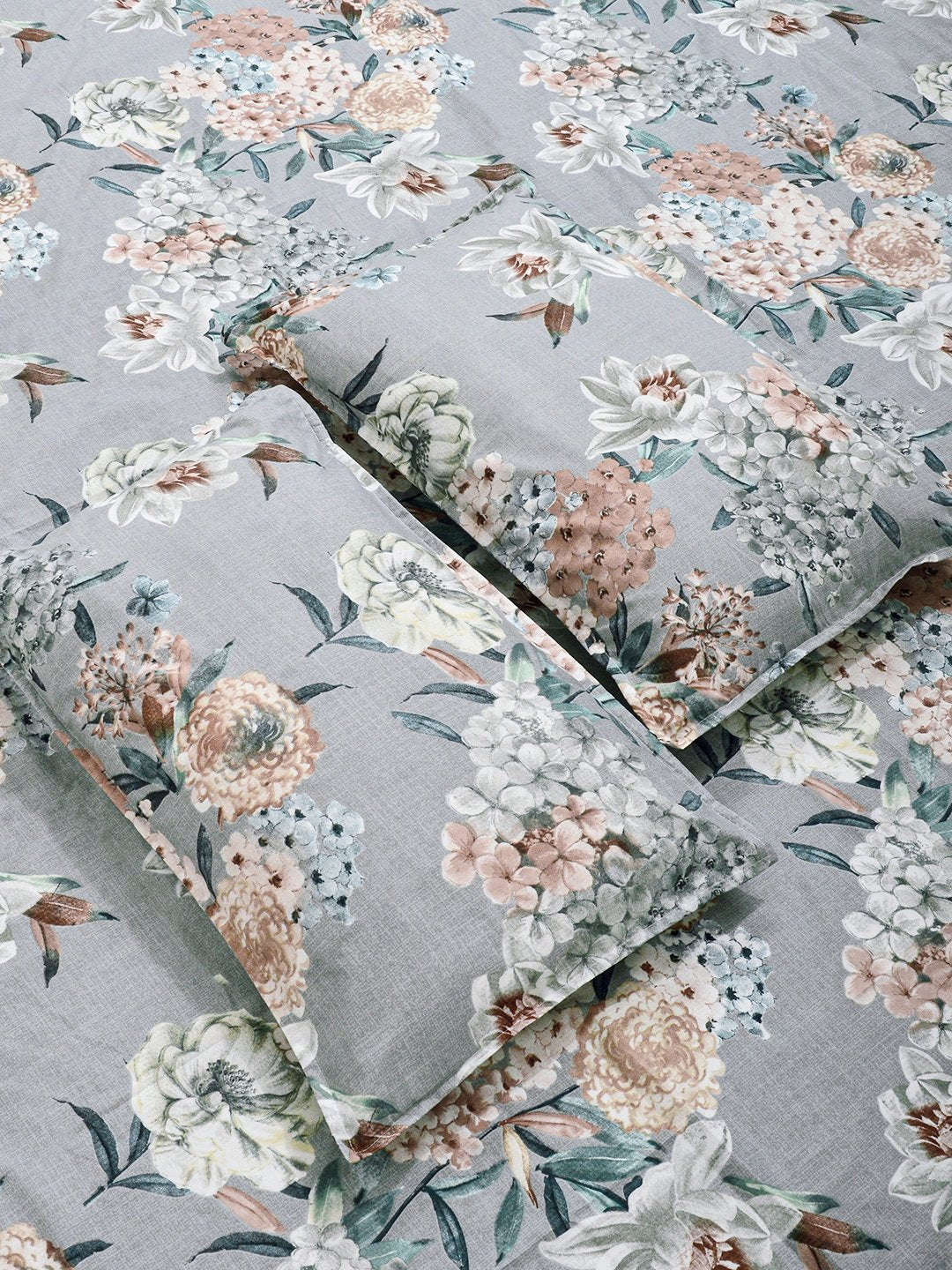 Grey Floral Cotton Blend Fitted Double Bedsheet with 2 Pillow Covers
