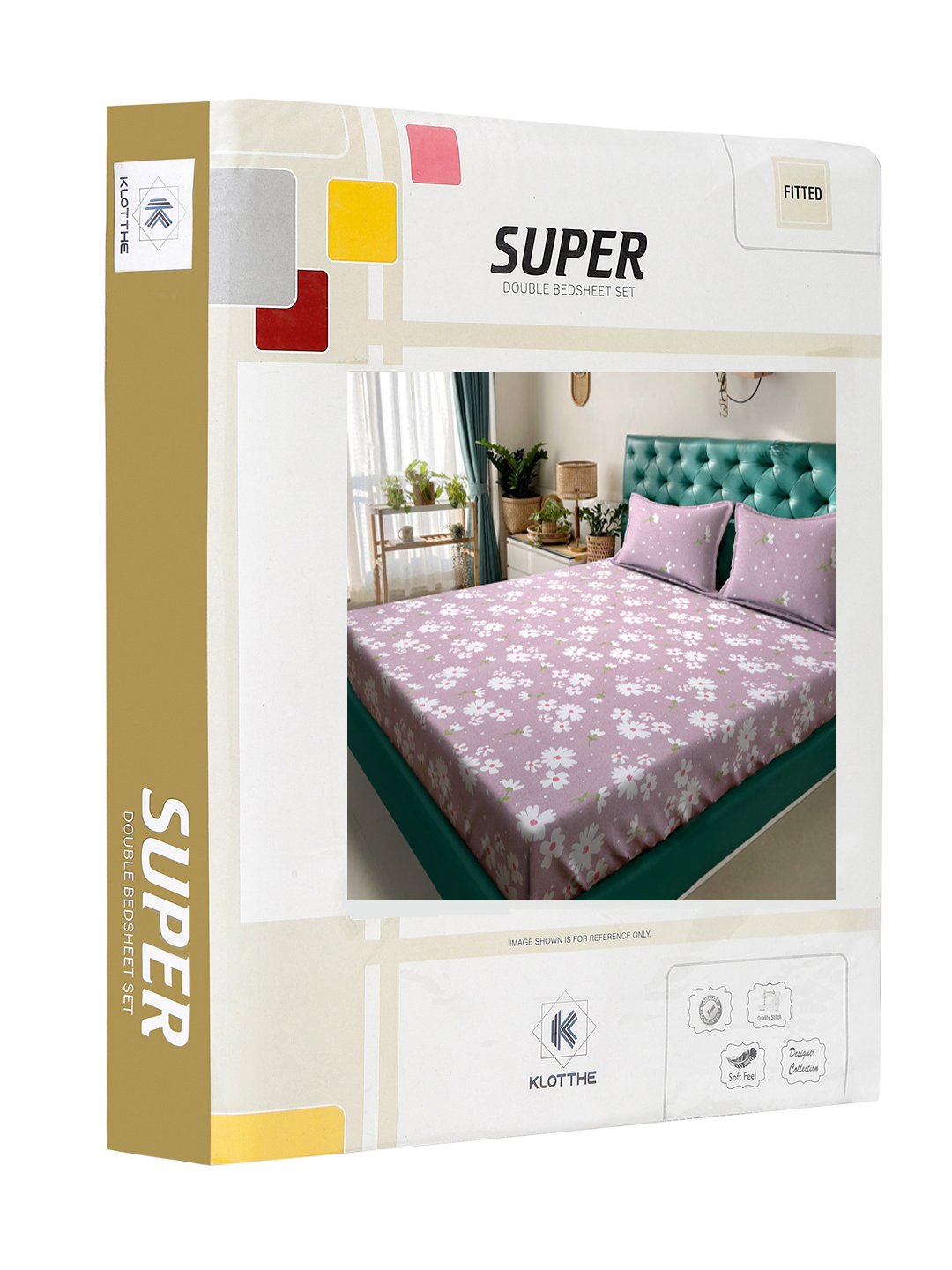 Purple Floral 300 TC Cotton Blend Fitted Double Bedsheet in Book Fold Packing
