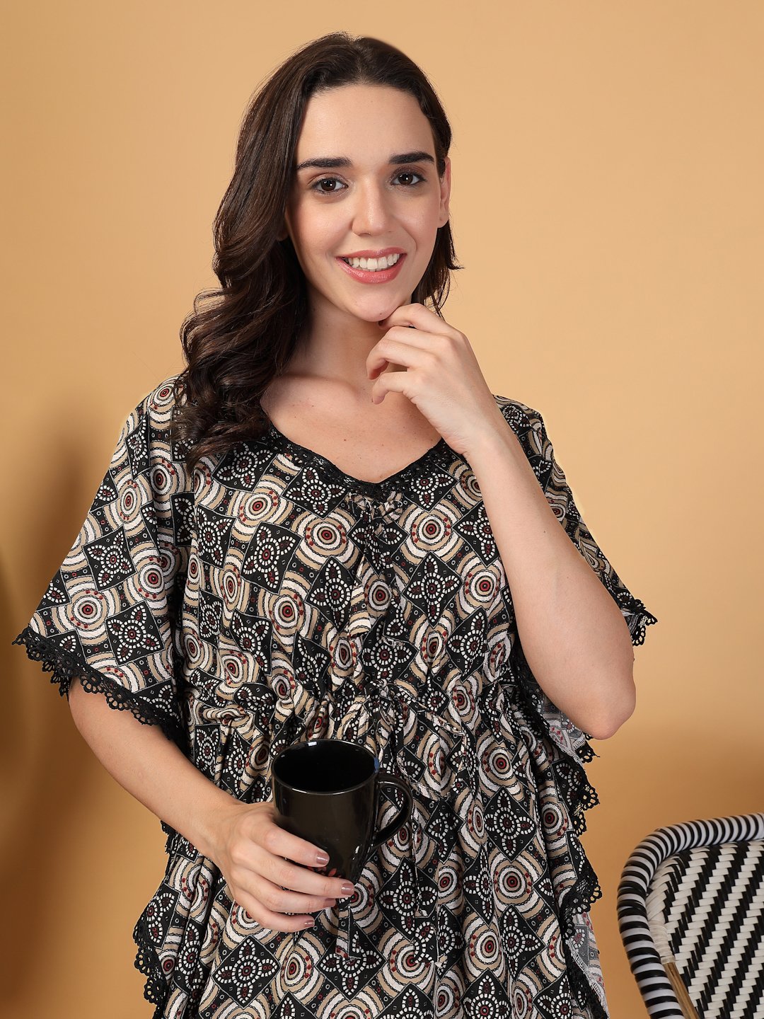 Black Floral Cotton Blend Kaftan Maxi Nightdress