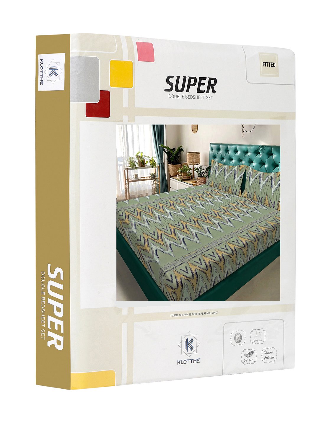 Green Geometric 300 TC Cotton Blend Fitted Double Bedsheet in Book Fold Packing