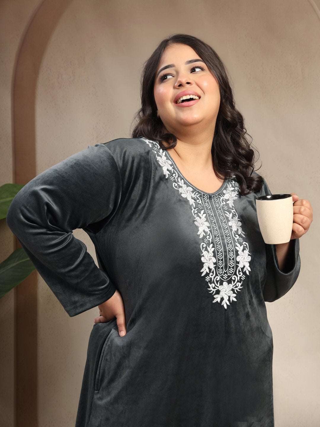 Klotthe Grey Solid Soft touch Velvet Maxi Nightdress