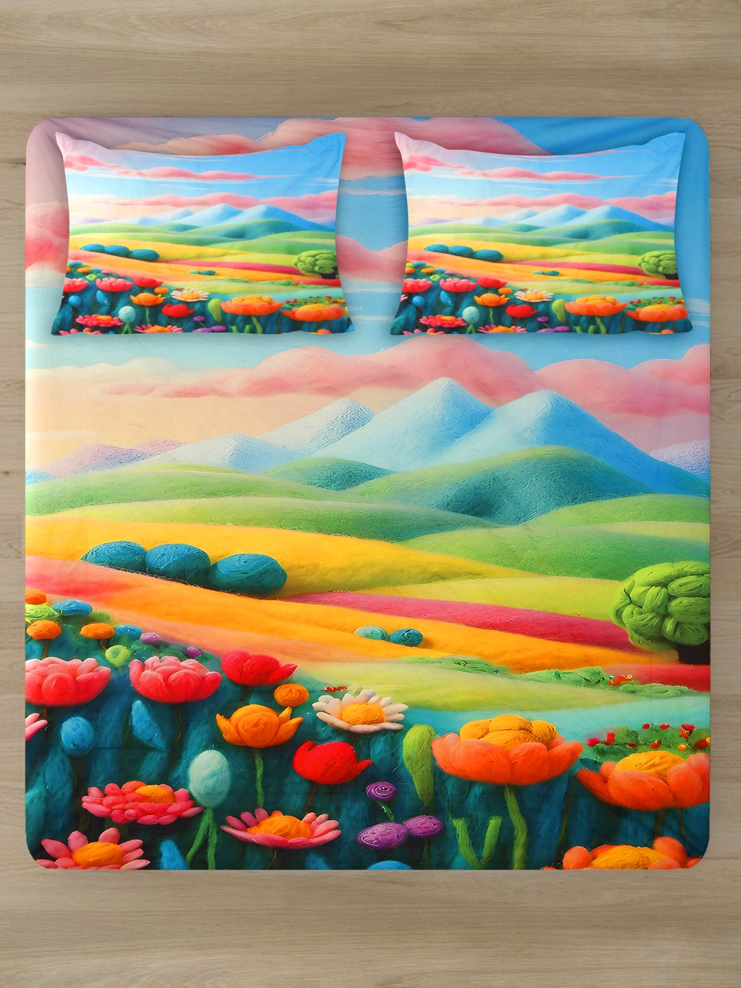 Multi Cartoon Characters 7D King Size Cotton Blend Fitted Double Bedsheet with 2 Pillow Covers