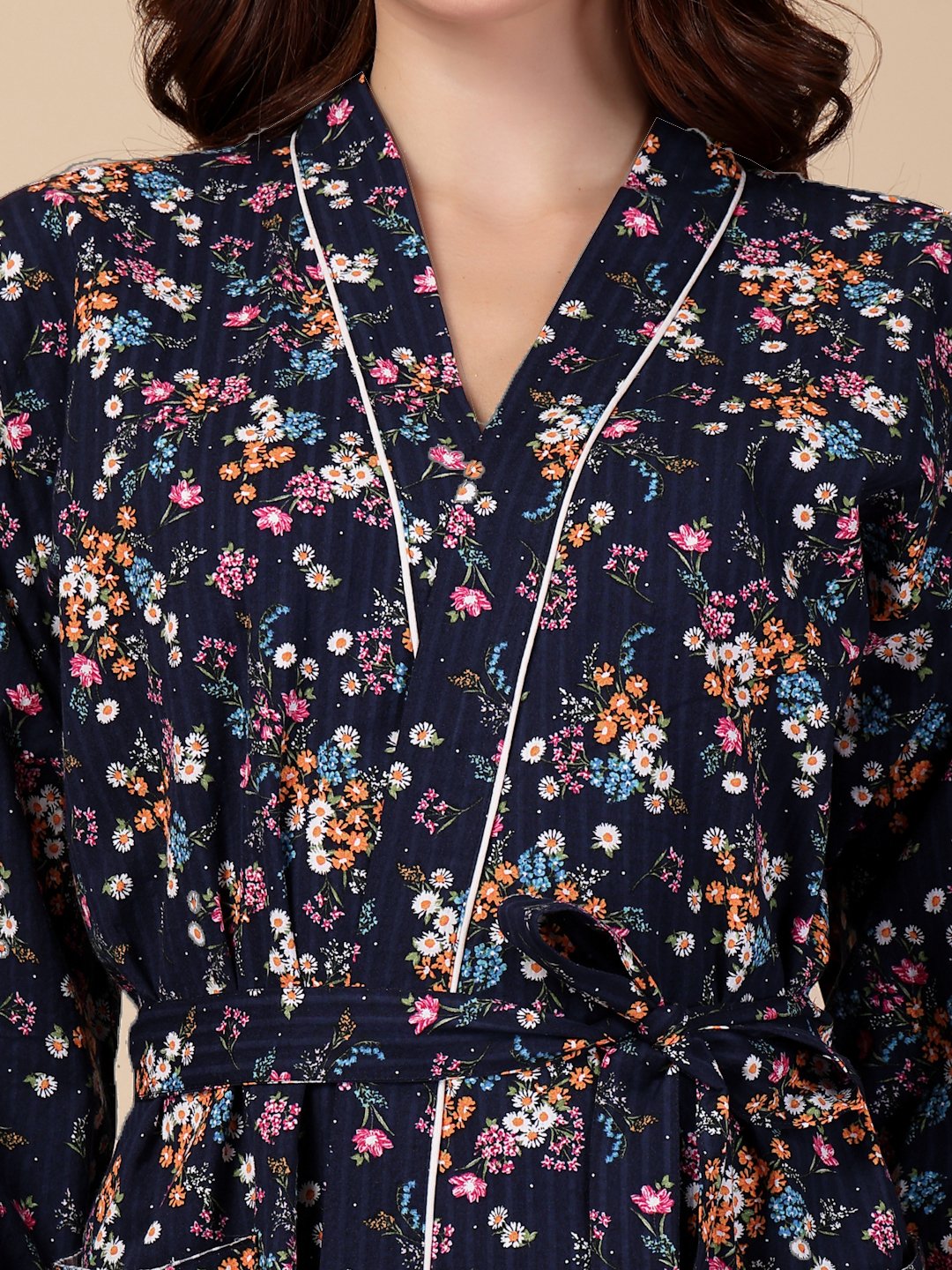 Women Printed Blue Floral Pure Cotton Bath Robe With Belt