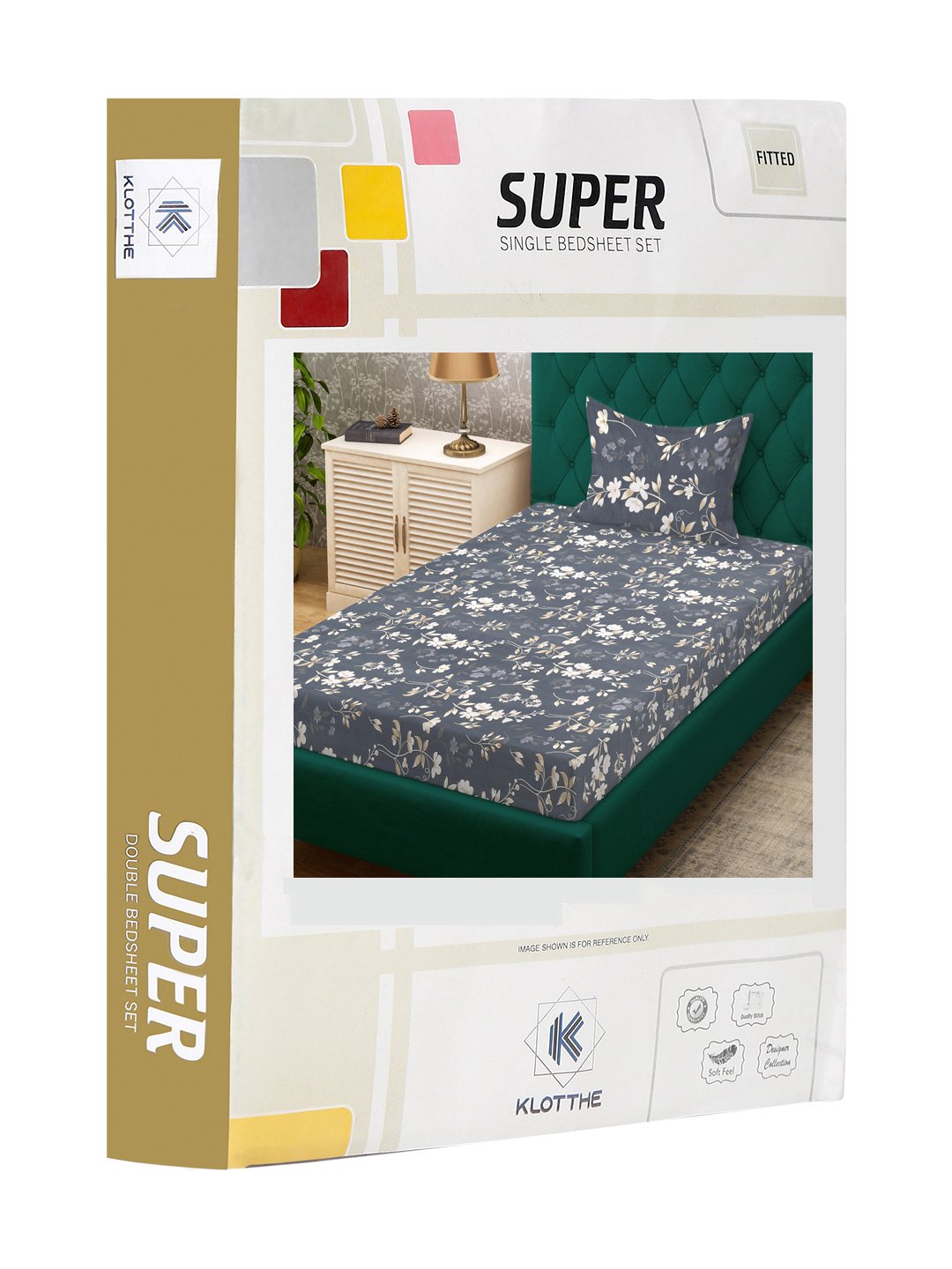 Grey Floral 300 TC Cotton Blend Fitted Single Bedsheet Set in Book Fold Packing