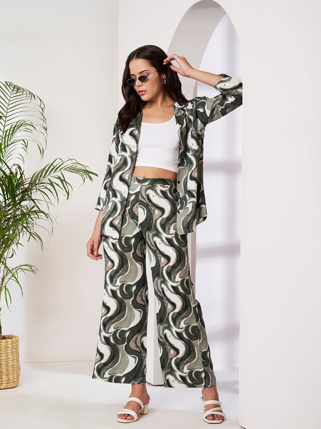 Olive Cotton Printed Shirt With Trousers Co-Ords Set