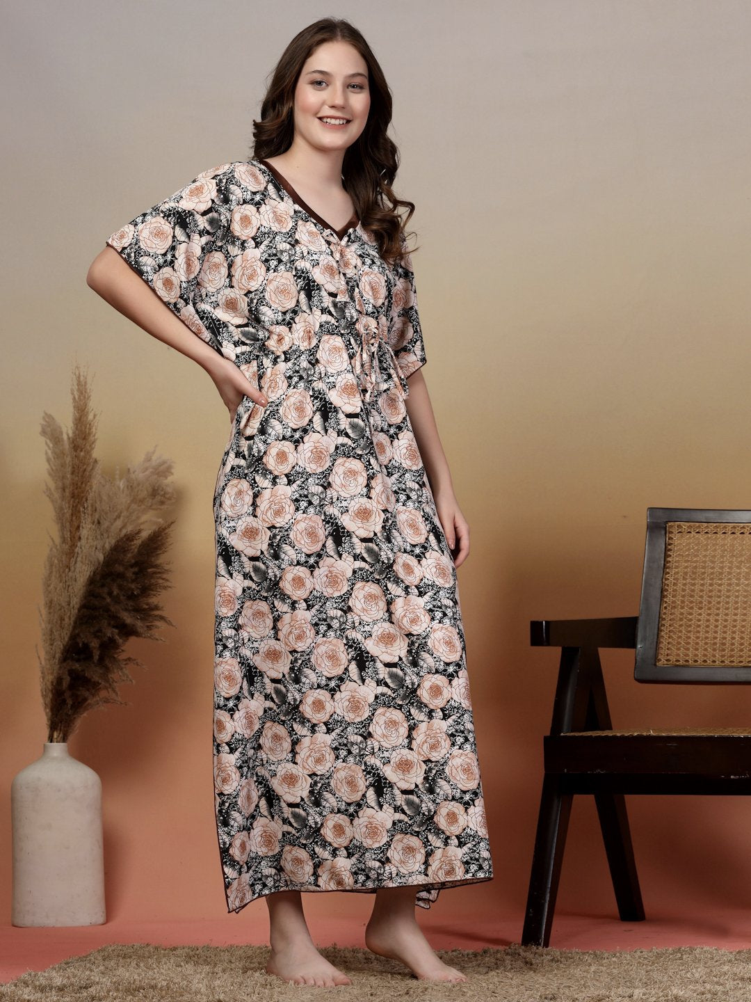 Black Floral Cotton Blend Kaftan Maxi Nightdress