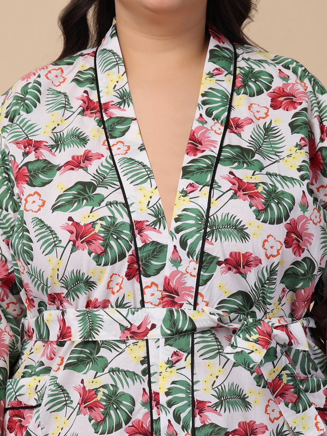 Women Printed White Floral Plus Size Pure Cotton Bath Robe With Belt