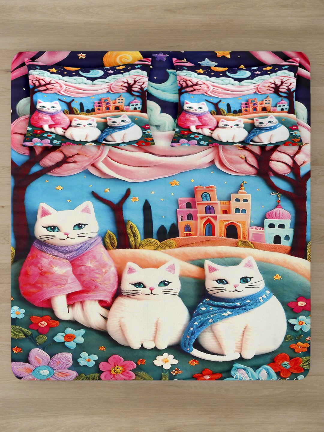 Multi Cartoon Characters 7D King Size Cotton Blend Fitted Double Bedsheet with 2 Pillow Covers