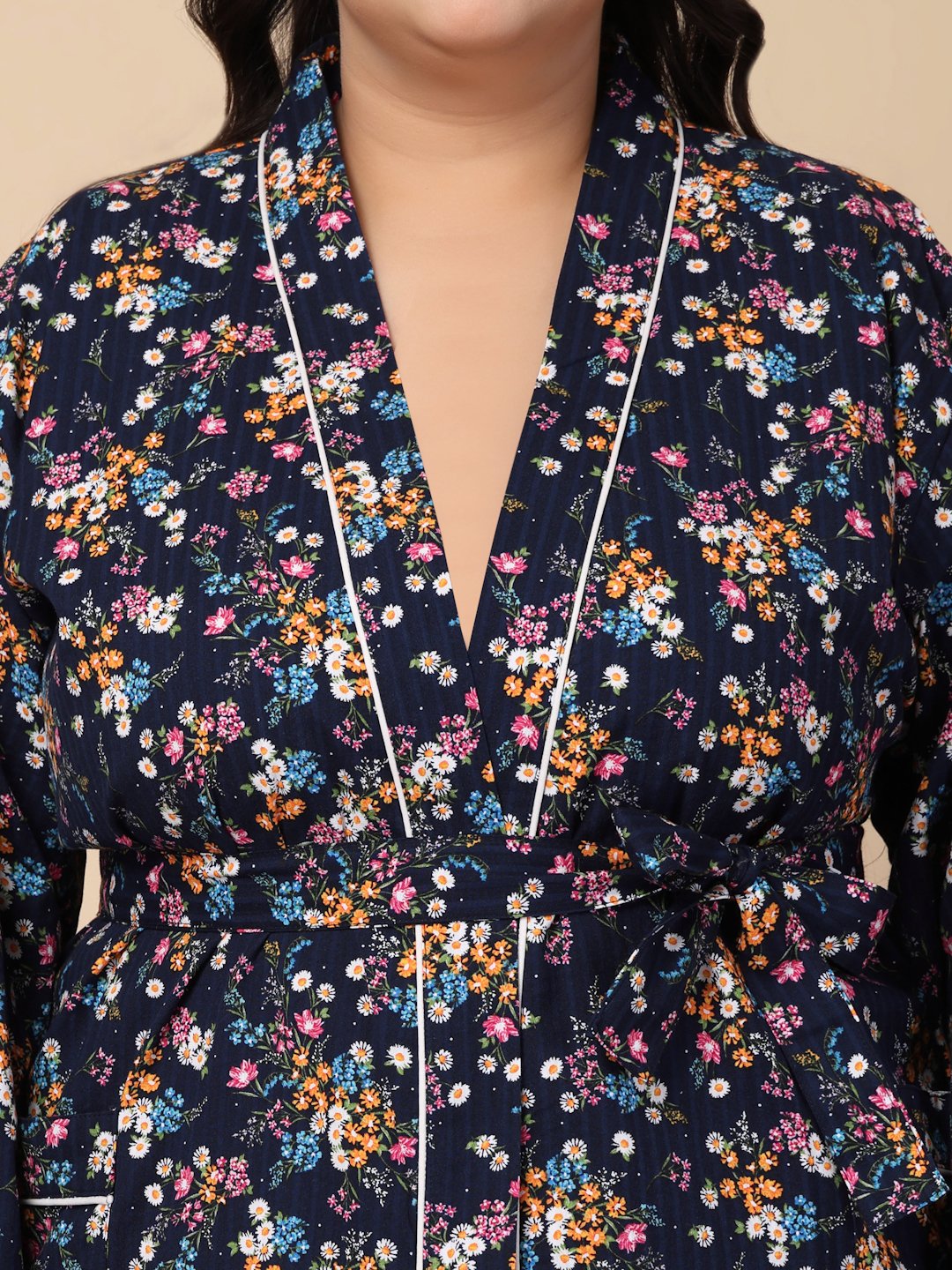 Women Printed Blue Floral Plus Size Pure Cotton Bath Robe With Belt