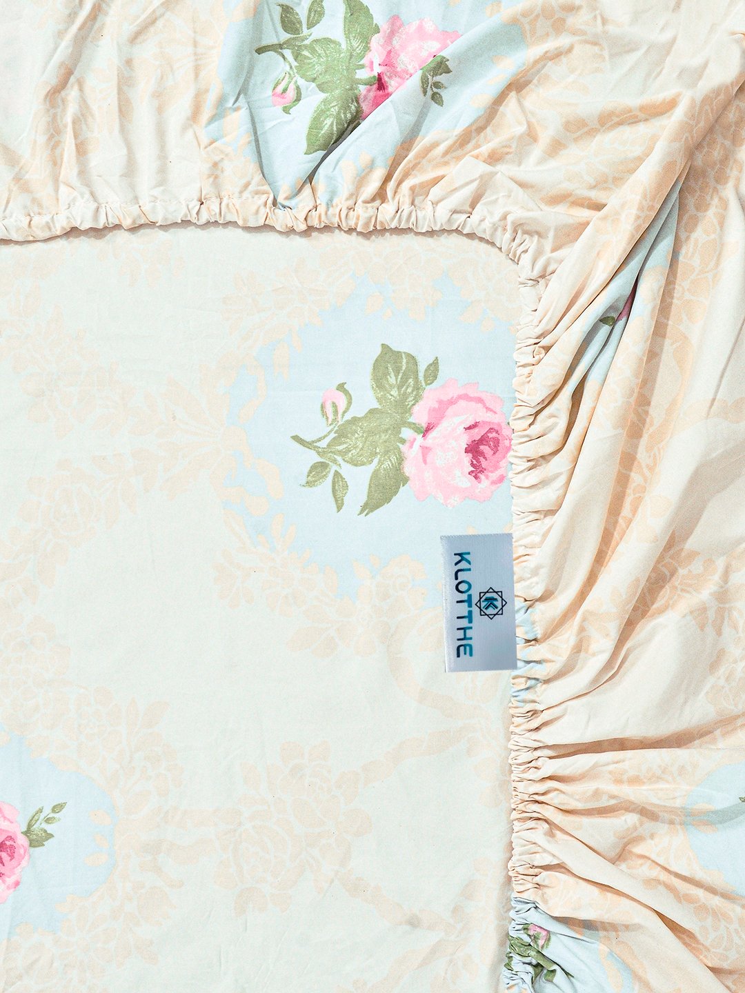 Cream Floral Cotton Blend Fitted Double Bedsheet with 2 Pillow Covers