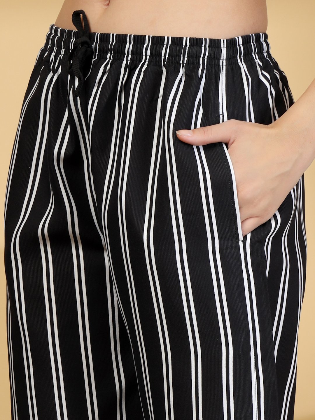 Women Black Striped Cotton Blend Night Suit