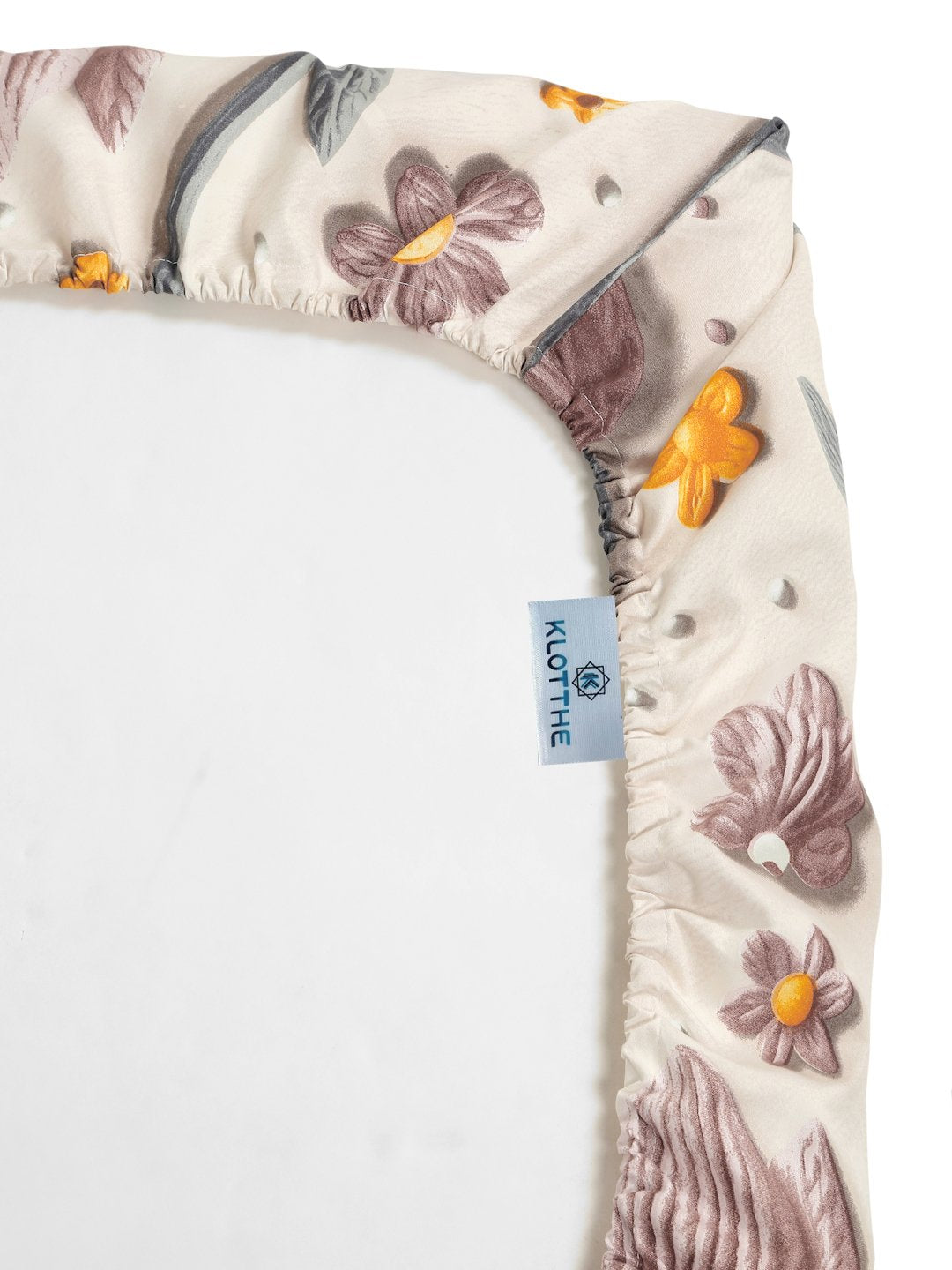 Cream Floral 7D King Size Cotton Blend Fitted Double Bedsheet with 2 Pillow Covers