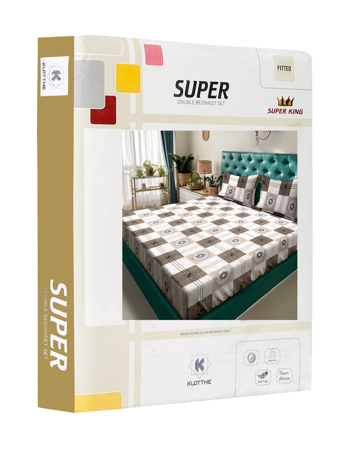 Brown Geometric 300 TC Cotton Blend Fitted Double Bedsheet in Book Fold Packing