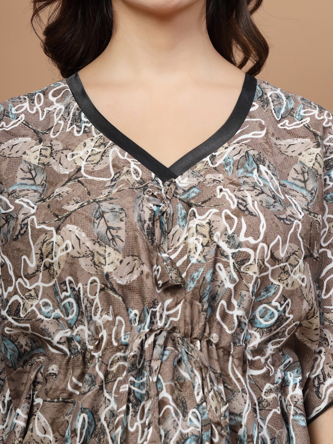 Brown Floral Cotton Blend Kaftan Maxi Nightdress