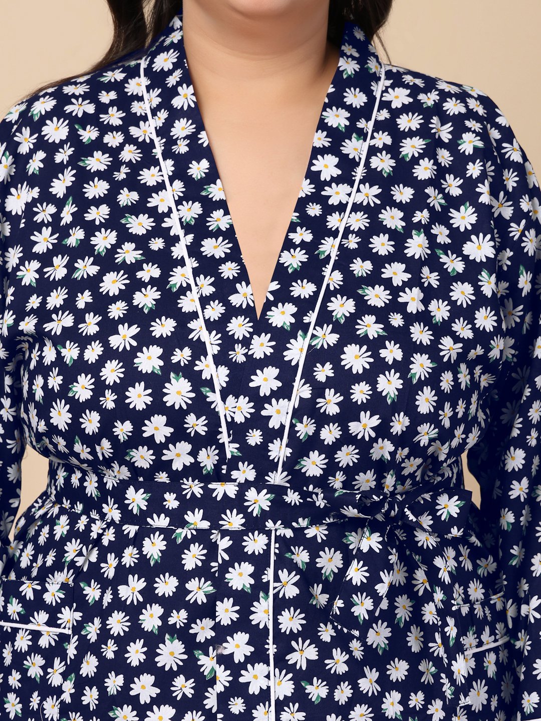 Women Printed Blue Floral Plus Size Pure Cotton Bath Robe With Belt
