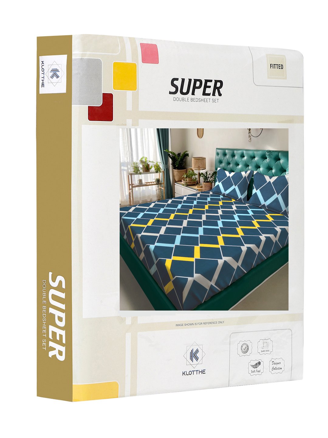 Blue Geometric 300 TC Cotton Blend Fitted Double Bedsheet in Book Fold Packing