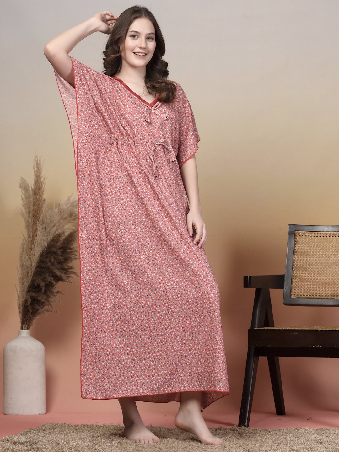 Red Floral Cotton Blend Kaftan Maxi Nightdress