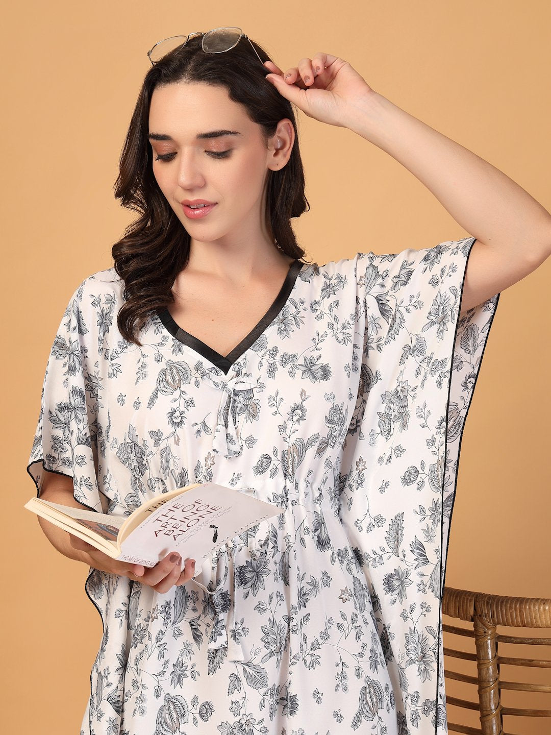 White Floral Cotton Blend Kaftan Maxi Nightdress