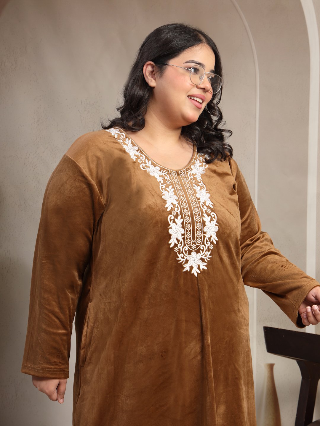 Klotthe Brown Solid Soft touch Velvet Maxi Nightdress