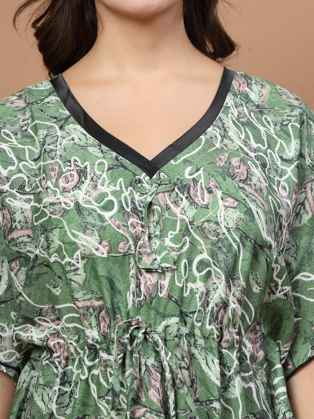 Green Floral Cotton Blend Kaftan Maxi Nightdress