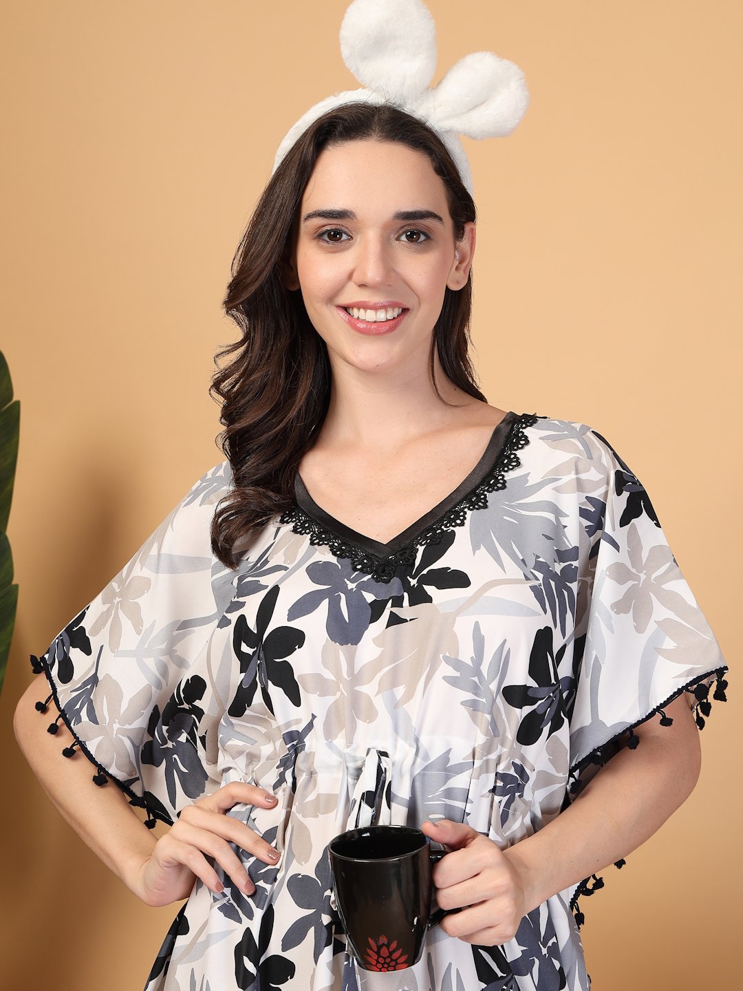 Grey Floral Cotton Blend Kaftan Maxi Nightdress