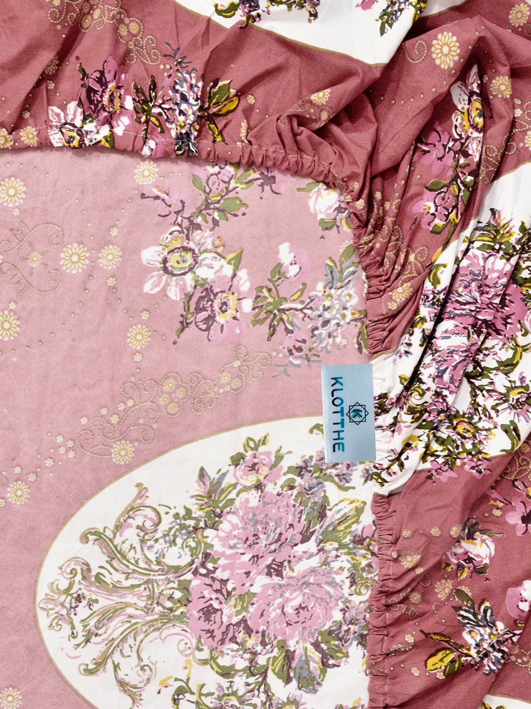 Rust Floral Cotton Blend Fitted Double Bedsheet with 2 Pillow Covers