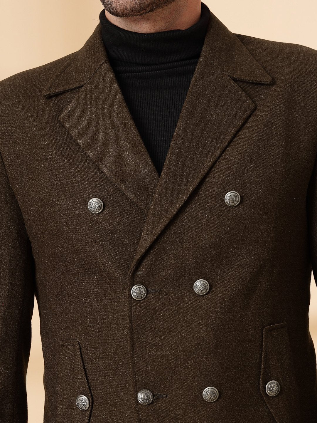 Dark Brown Long Sleeve Double-Breasted Woolen Coat
