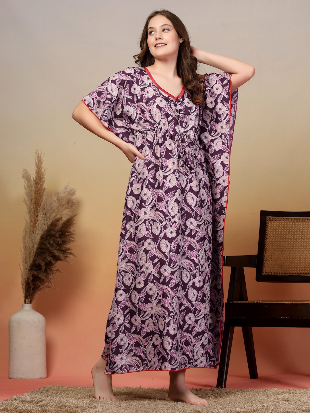 Purple Floral Cotton Blend Kaftan Maxi Nightdress