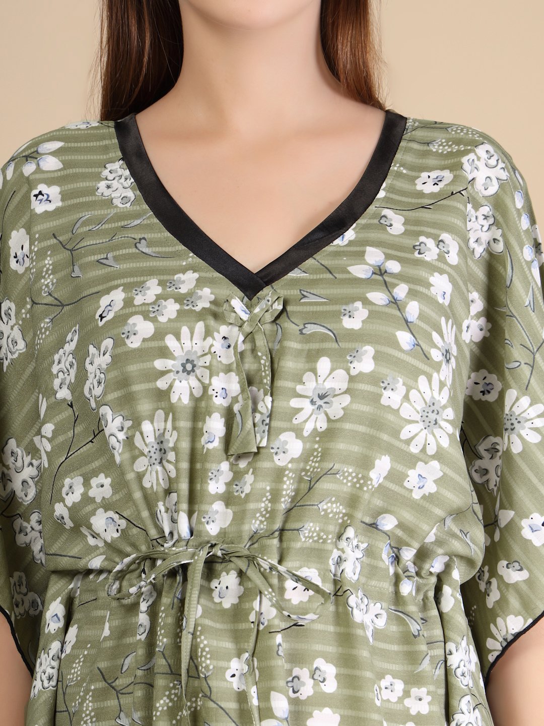 Olive Floral Cotton Blend Kaftan Maxi Nightdress