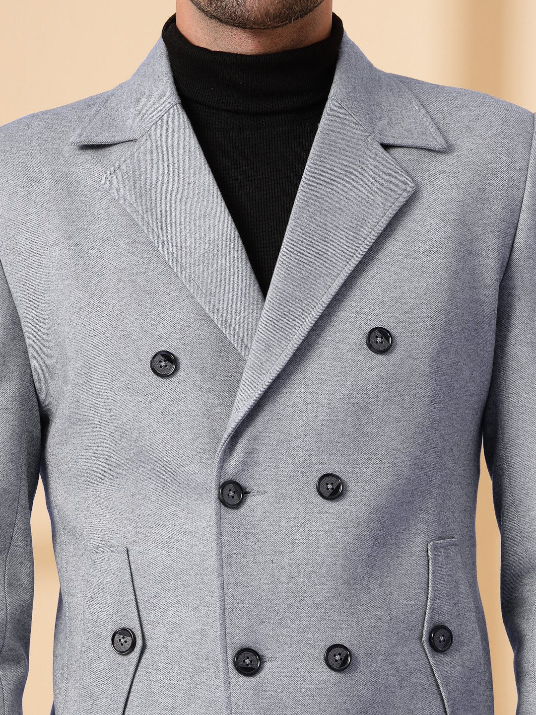 Grey Long Sleeve Double-Breasted Woolen Coat