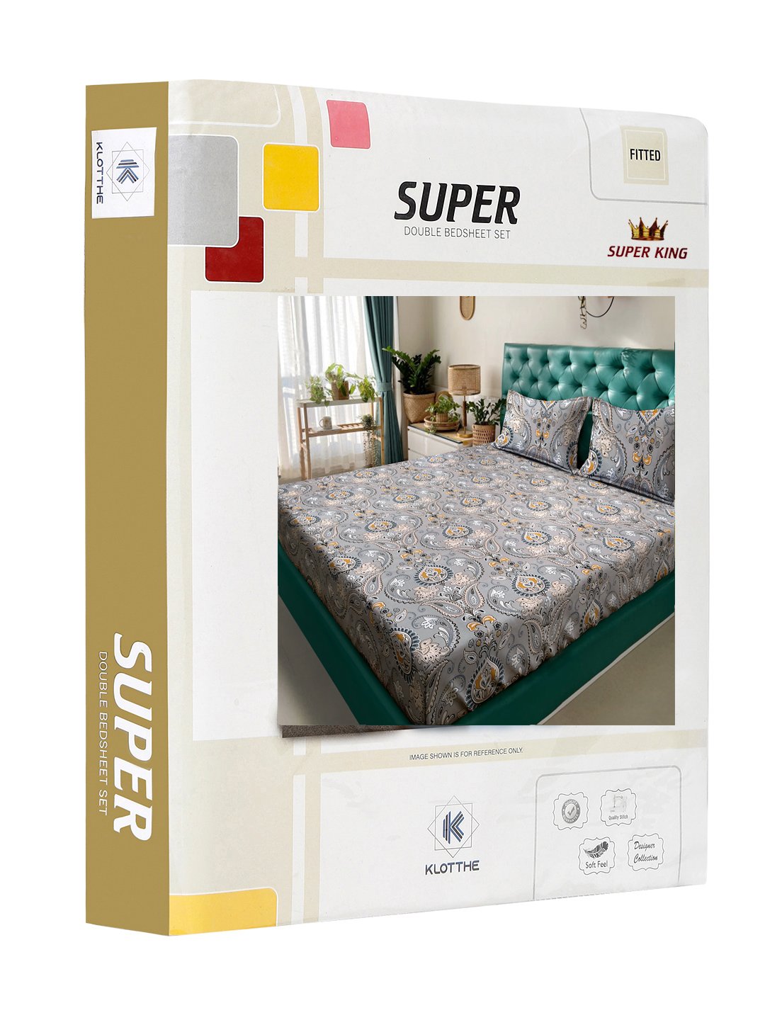 Grey Ethnic Motifs 300 TC Cotton Blend Fitted Super King Double Bedsheet in Book Fold Packing
