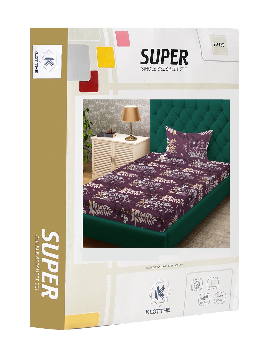 Purple Floral 300 TC Cotton Blend Fitted Single Bedsheet Set in Book Fold Packing