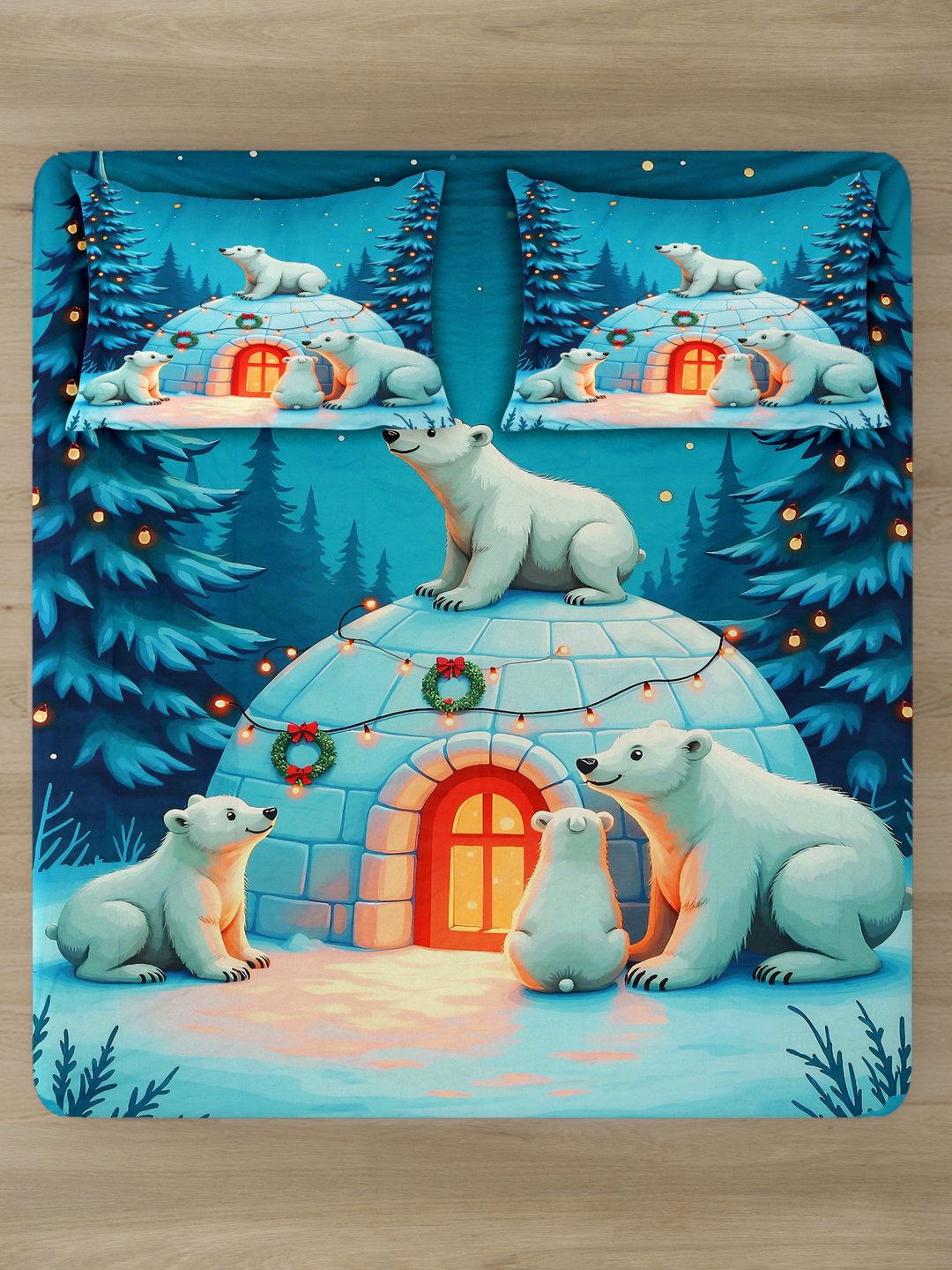 Blue Cartoon Characters 7D King Size Cotton Blend Fitted Double Bedsheet with 2 Pillow Covers