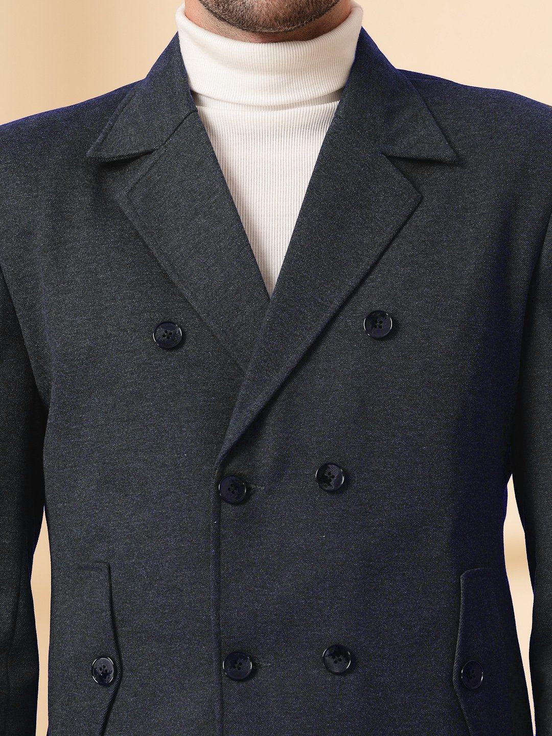 Dark Grey Long Sleeve Double-Breasted Woolen Coat