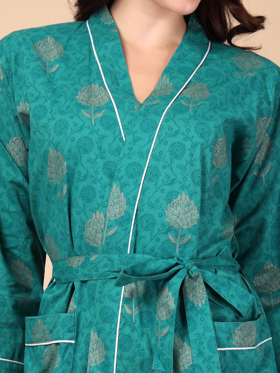 Women Printed Green Floral Pure Cotton Bath Robe With Belt