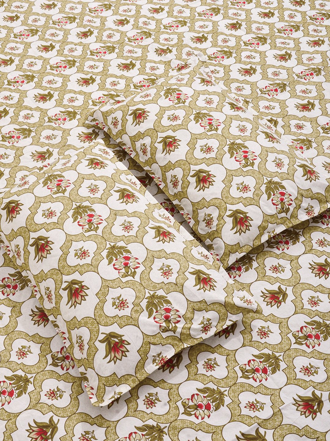 Yellow Floral Cotton Blend Fitted Double Bedsheet with 2 Pillow Covers