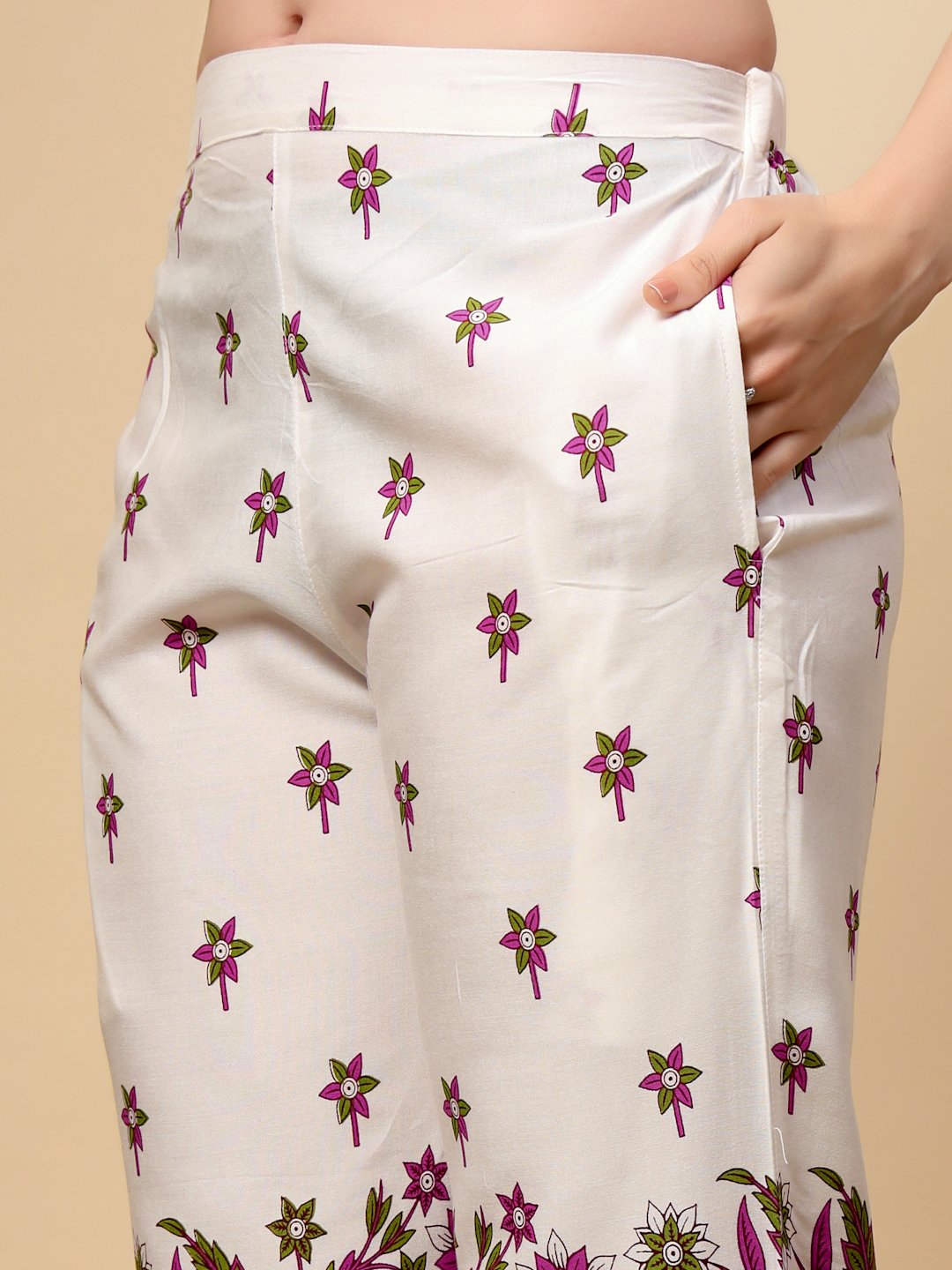Cream Cotton Printed Shirt With Trousers Co-Ords Set