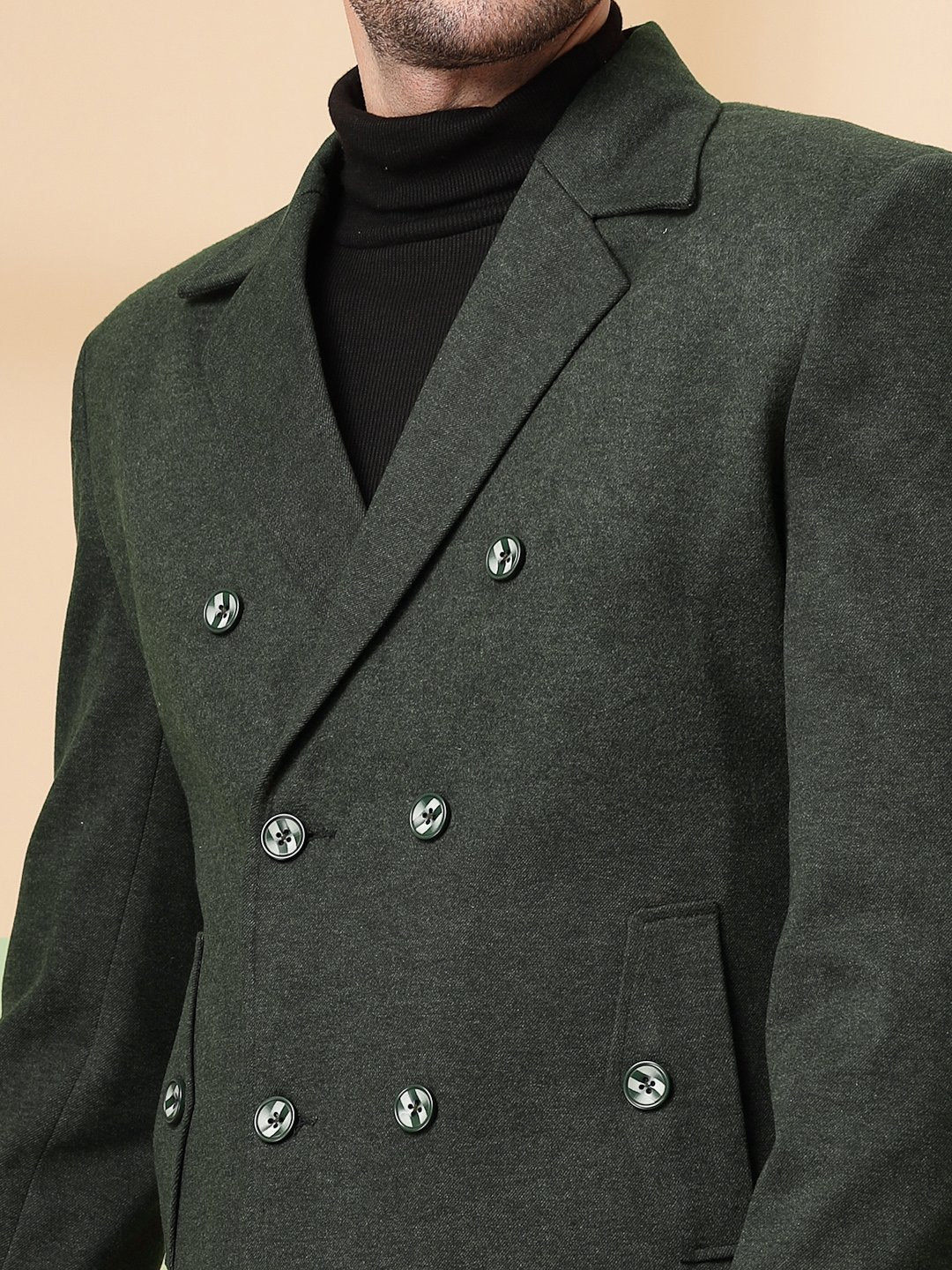 Olive Long Sleeve Double-Breasted Woolen Coat