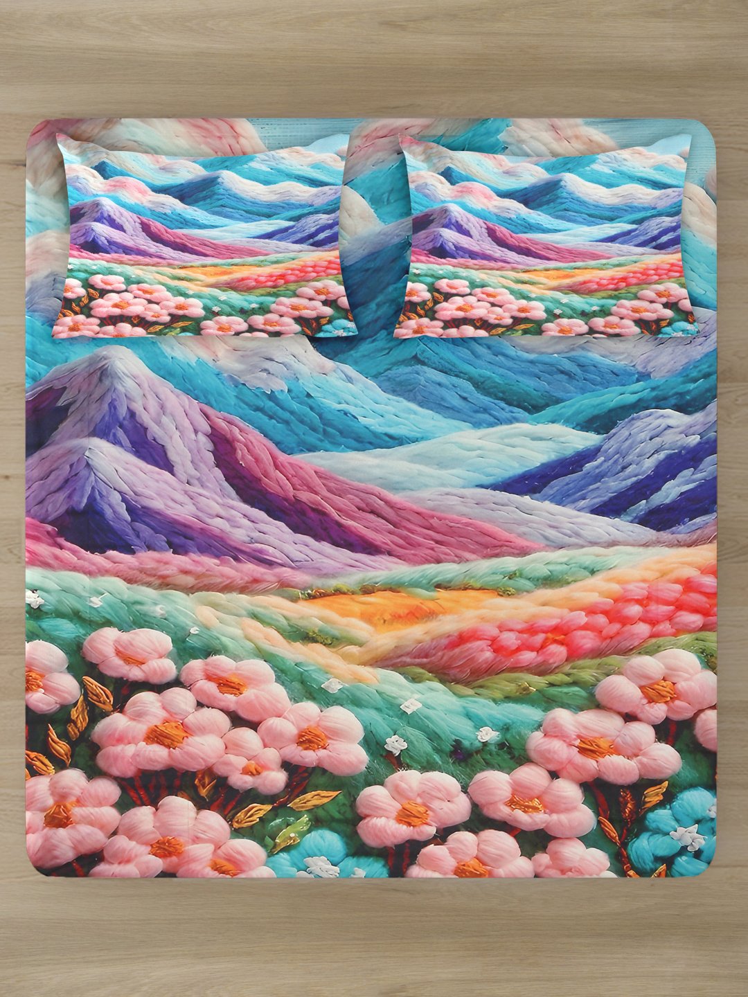 Multi Cartoon Characters 7D King Size Cotton Blend Fitted Double Bedsheet with 2 Pillow Covers