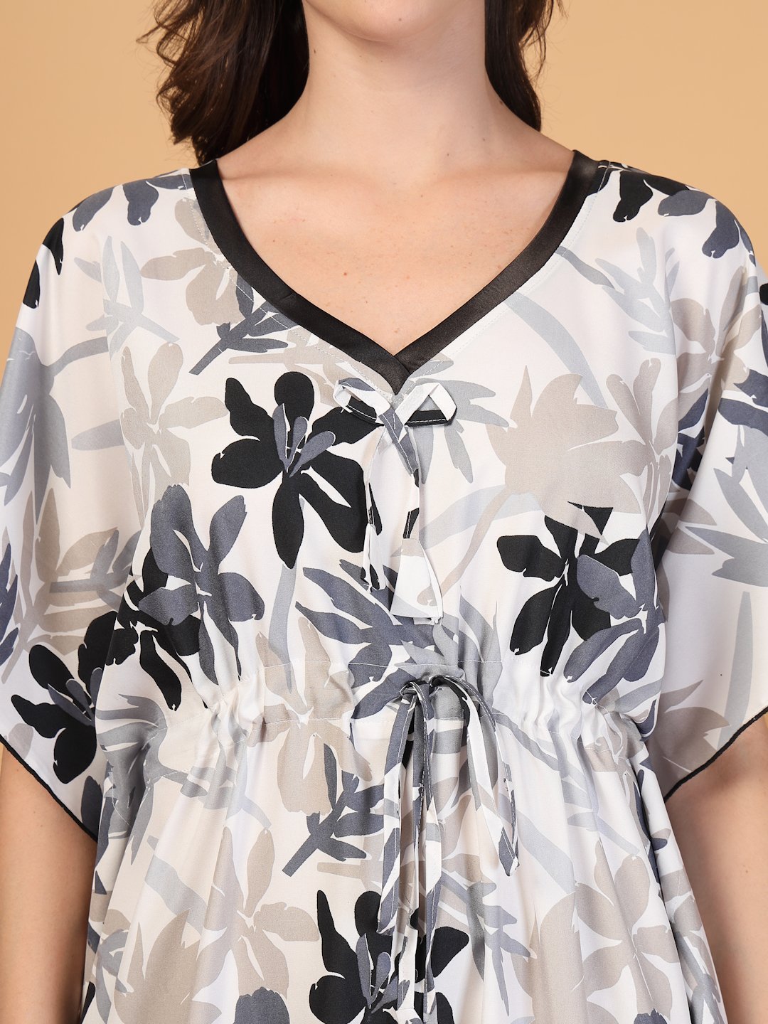 Grey Floral Cotton Blend Kaftan Maxi Nightdress