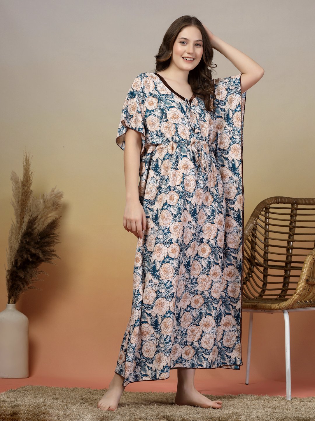 Blue Floral Cotton Blend Kaftan Maxi Nightdress