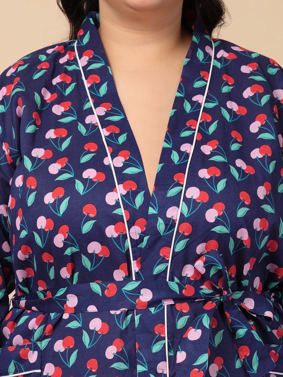 Women Printed Blue Abstract Plus Size Pure Cotton Bath Robe With Belt