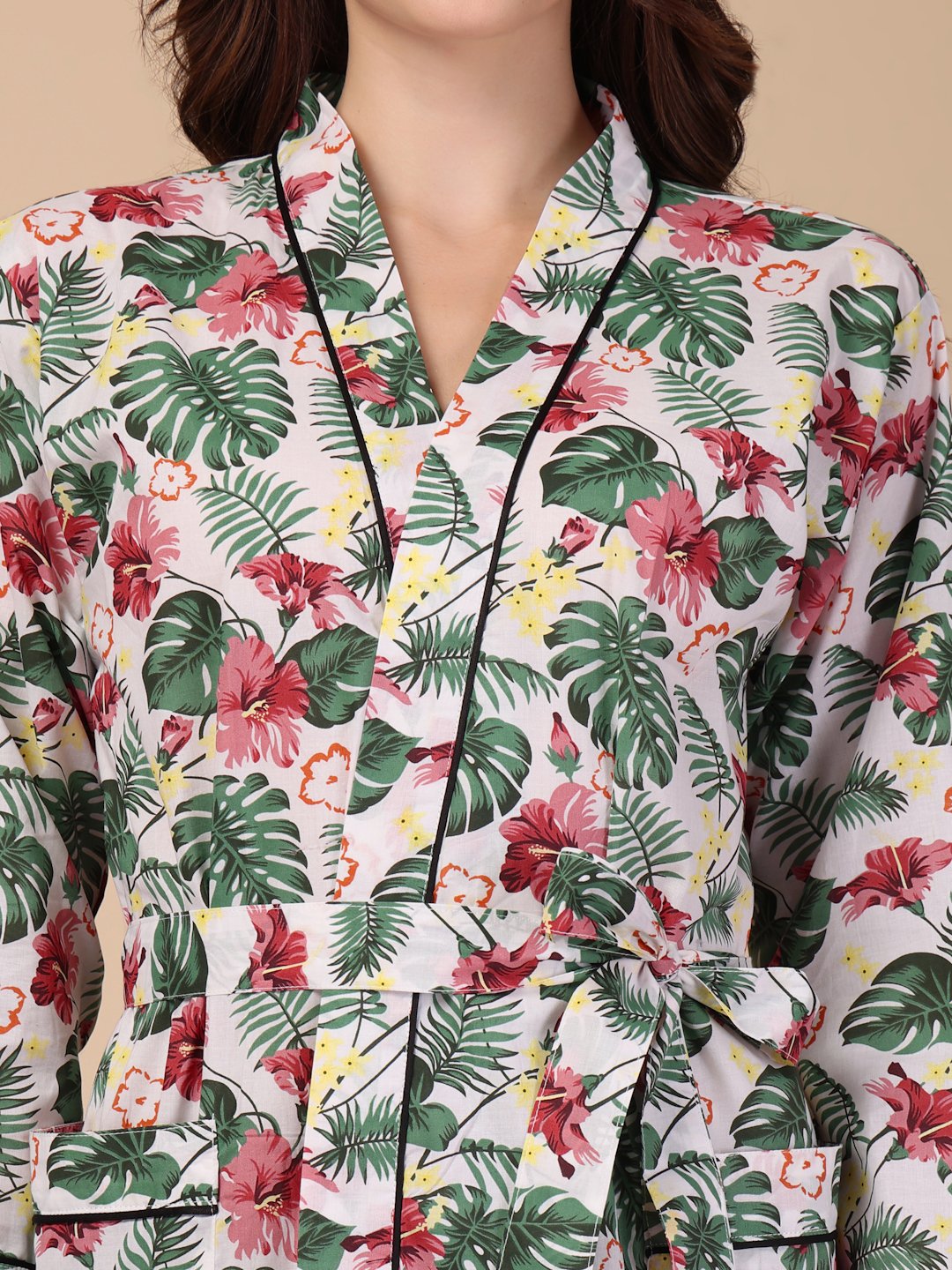 Women Printed White Floral Pure Cotton Bath Robe With Belt