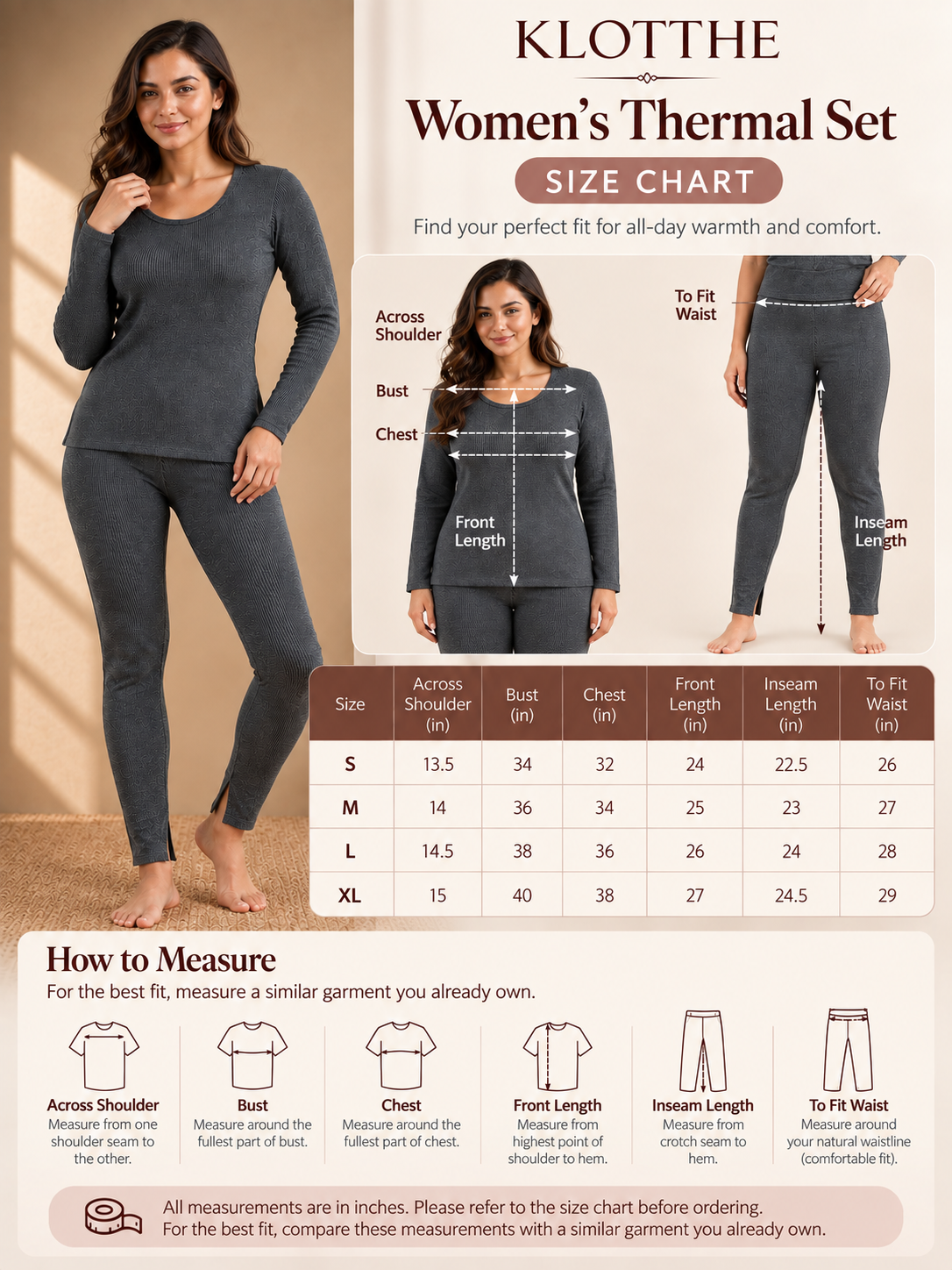 Grey Self Design Woolen Thermal Set