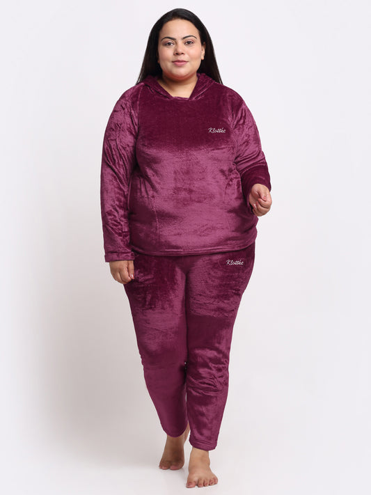 Klotthe Women Maroon Solid Wool Blend Hooded Night Suit