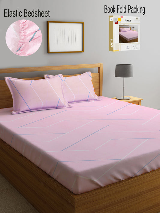 Klotthe Multi Striped 300 TC Cotton Blend Fitted Double Bedsheet with 2 Pillow Covers in Book Fold Packing