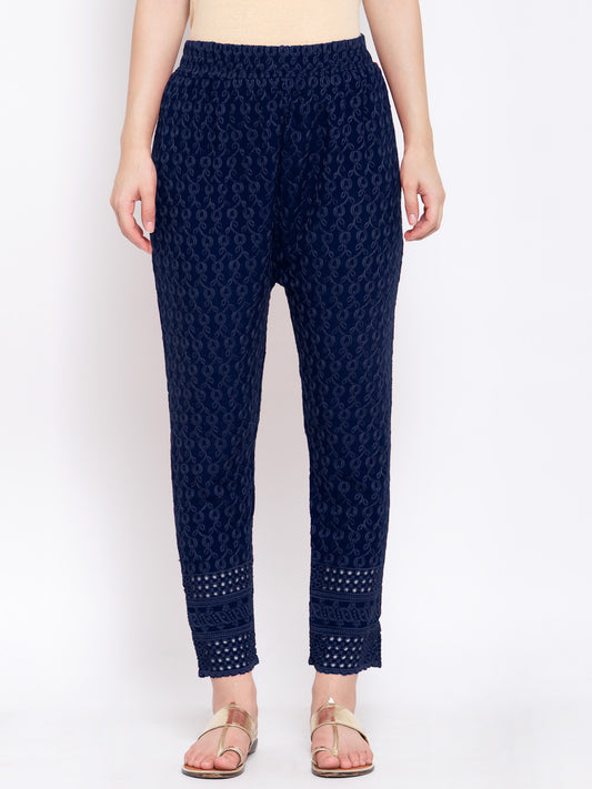 KLOTTHE Navy Blue Cotton Embroidered Trouser