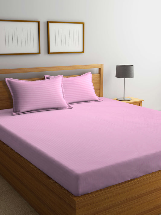 Klotthe Light Pink Striped 300 TC Cotton Blend Double Bedsheet with 2 Pillow Covers
